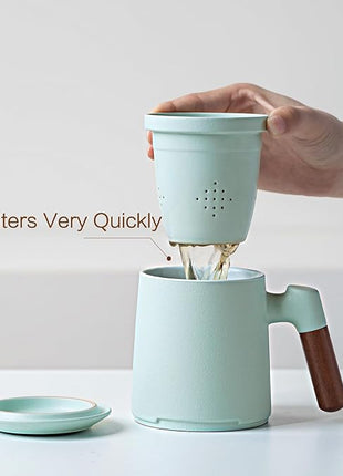 ZENS Tea Cup with Infuser and Lid for Loose Leaf Steeping, 16.9oz Embossed Ceramic Tea Infuser Mug, Wood Handle Tea Diffuser, Great Gift