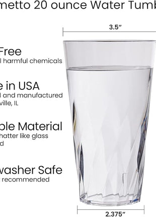 US Acrylic Palmetto [Set of 16] 20 ounce Plastic Stackable Water Tumblers in Clear, Lightweight Value Set of Drinking Cups, Reusable, BPA-free, Made in the USA, Top-rack Dishwasher Safe