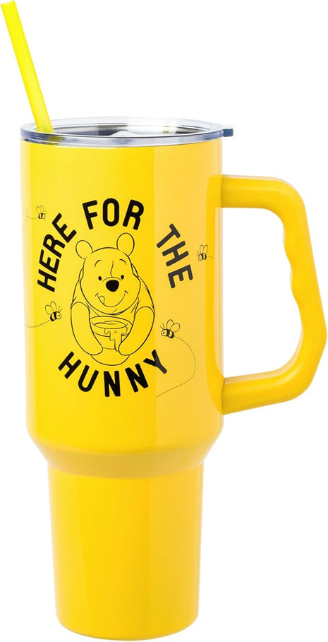 Silver Buffalo Disney Winnie the Pooh Here for the Hunny Stainless Steel Tumbler with Handle and Straw, Fits in Standard Cup Holder, 40 Ounces