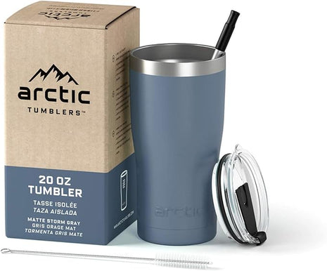 Arctic Tumblers | 20 oz Storm Grey Insulated Tumbler with Straw & Cleaner - Retains Temperature up to 24hrs - Non-Spill Splash Proof Lid, Double Wall Vacuum Technology, BPA Free & Built to Last