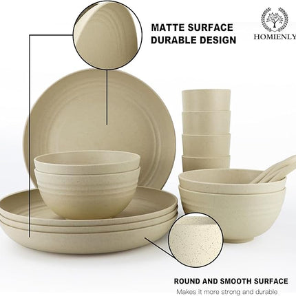 Homienly Wheat Straw Dinnerware Sets, 20pcs Lightweight Unbreakable Dinnerware, Microwave Dishwasher Safe Bowls Cups Forks Spoons set,Perfect for Camping Outdoor, Beige