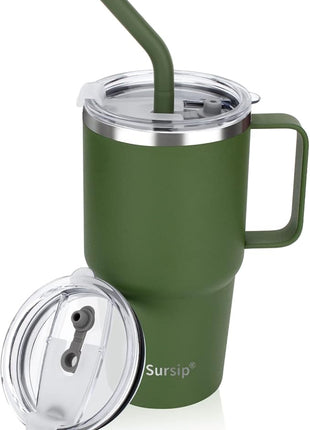 Kids Insulated Tumbler with Handle and Straw, 24 oz Stainless Steel Tumbler for Boys Girls Leak-proof Lid Keep Cold Heat and Ice, Gifts for Children Cups(Olive Green-1 Pack)