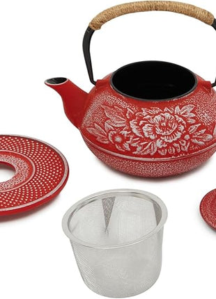Juvale Japanese Cast Iron Teapot with Infuser - Red, 27 oz (800 ml), 3-Pc Teapot Set - Stovetop Kettle for Loose Leaf Brewing - Removable Stainless Steel Infuser & Trivet Included