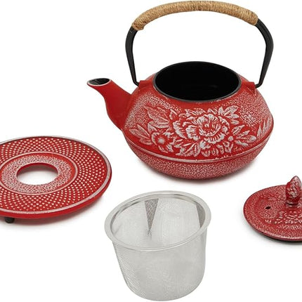 Juvale Japanese Cast Iron Teapot with Infuser - Red, 27 oz (800 ml), 3-Pc Teapot Set - Stovetop Kettle for Loose Leaf Brewing - Removable Stainless Steel Infuser & Trivet Included