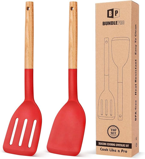 Pack of 2 Silicone Cooking Spatula, Heat Resistant Solid Turner, Non Stick Slotted Spatulas with Wooden Handle,Ideal Wood Kitchen Utensils Set for Frying, Baking, Flipping, Turning (RED)