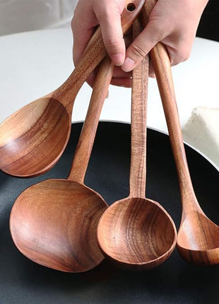 FJNATINH Wooden Soup Ladle Set, Kitchen Spoon Set Utensils, 4 Pcs Handmade Natural Teak Cooking Spoons, Long Handle Wooden Soup Ladle Spoon