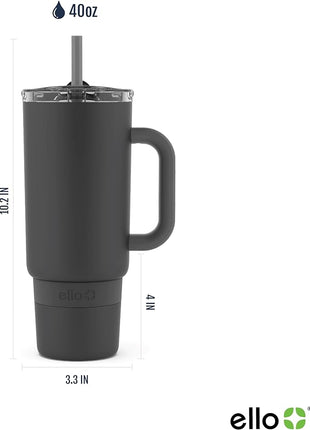 Ello Port 40oz Tumbler with Carry Loop & Integrated Handle, Vacuum Insulated Stainless Steel Reusable Water Bottle, Travel Mug with Leak Proof Lid and Straw, Perfect for Iced Coffee and Tea, Black