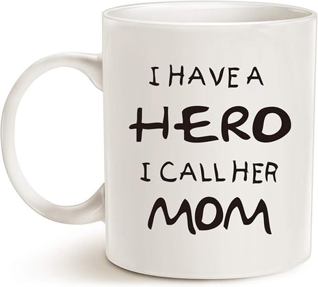 Coffee Mug, Ceramic Hero Mom Mug, Funny Best Mother's Day and Birthday Gift, 14 fl oz, White
