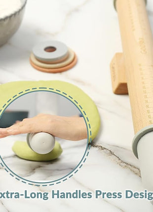 Geesta Adjustable Wood Rolling Pin with 5 Thickness Rings, Precise Dough Roller Handle Press Design with Measurement Guide for Fondant, Pizza, Pie Crust, Cookie, Pastry Baking Decorating Accessories