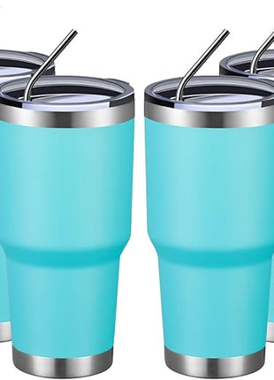 MEWAY 30oz Insulated Tumbler With Lids and Straws,Stainless Steel Double Vacuum Coffee Tumbler Cup, Brush, Durable Powder Coated Coffee Cup for Cold & Hot Drinks, Office, Travel(Light Blue,4 PACK)