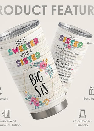 SANDJEST Sister Gifts - Sister Stainless Steel 20oz Tumbler, Insulated Travel Mug, Gifts for Birthday, Christmas, Women, Girls, Best Friends