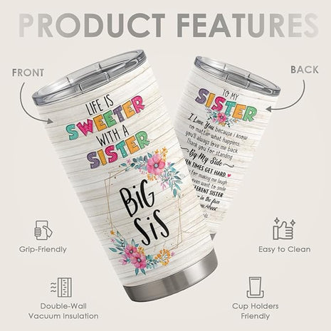 SANDJEST Sister Gifts - Sister Stainless Steel 20oz Tumbler, Insulated Travel Mug, Gifts for Birthday, Christmas, Women, Girls, Best Friends