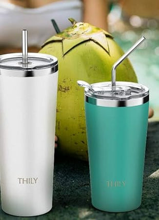 THILY Vacuum Insulated Tumbler Stainless Steel 26 oz Coffee Cup with 2 Lids and Straws, Powder Coated Travel Mug, Keeps Ice Drinks Cold, White