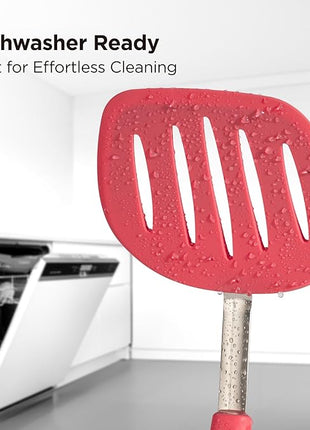 Kitchen Mama WaltzGrip Platinum Silicone Pancake Spatula Turner: Heat Resistant Flexible, Stainless Steel Core, Nonstick, Dishwasher Safe, Flipper – Ideal Kitchen Cookware for Eggs, Fish, Meat (Red)