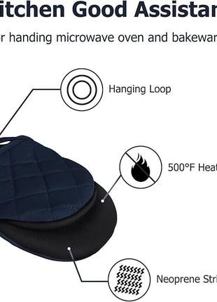 1 Pair Short Oven Mitts, Heat Resistant Silicone Kitchen Mini Oven Mitts for 500 Degrees, Non-Slip Grip Surfaces and Hanging Loop Gloves, Baking Grilling Barbecue Microwave Machine Washable