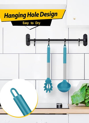 Silicone Pasta Fork and Ladle Spoon Set, Large Non Stick Kitchen Utensils for Cooking,Stirring,Serving Spaghetti, Soup, Sauce (BLUE)