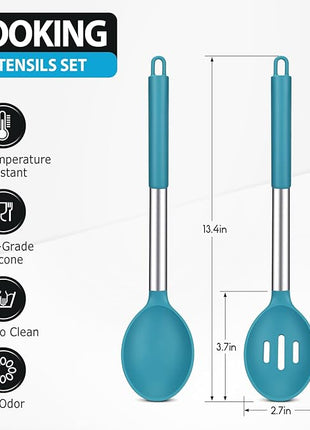 Pack of 2 Large Silicone Cooking Spoons, Non-Stick Stainless Steel Slotted and Solid Spoon Set for Serving, Mixing, Draining, Heat Resistant, Scratch Resistant and BPA Free Kitchen Scoops (Blue)