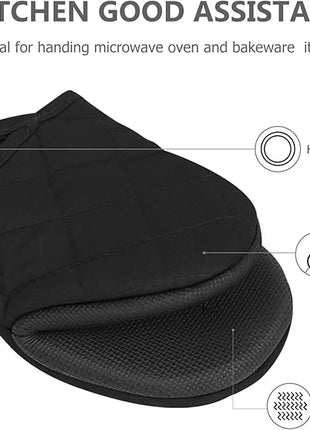 Qulable 1 Pair Short Oven Mitts - Silicone Kitchen Oven Gloves High Heat Resistant 500℉, Mini Oven Mits with Non-Slip Grip Surfaces and Hanging Loop for BBQ, Baking, Cooking and Grilling (Black)