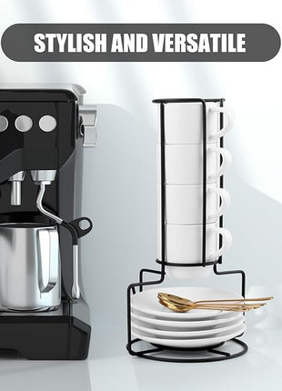 Lareina 3-Ounce Espresso Cups with Saucers, Spoons and Metal Stand, Small Stackable Coffee Cups Set of 4, Ceramic Demitasse Mugs, White