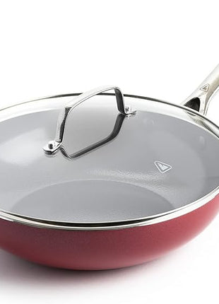 Textured Ceramic Nonstick, 11" Flat Bottom Wok Stir-Fry Pan with Lid for High Heat Cooking, Oven & Broiler Safe to 600 Degrees, Dishwasher Safe, PFAS PFOA & PTFE Free, Red