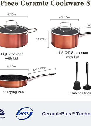 Pots and Pans Set Non Stick, 7 Piece Ceramic Cookware Set, Non Toxic Kitchen Induction Cookware Sets, Pots and Pans Cooking Set with Oven Safe Handle, 100% PFOA Free, Copper