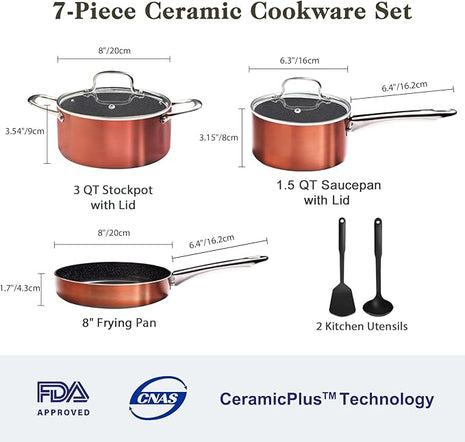 Pots and Pans Set Non Stick, 7 Piece Ceramic Cookware Set, Non Toxic Kitchen Induction Cookware Sets, Pots and Pans Cooking Set with Oven Safe Handle, 100% PFOA Free, Copper