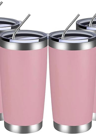 MEWAY 20oz Tumbler 4 Pack Double Wall Vacuum Insulated Travel Mug Bulk, Stainless Steel Tumblers with Lid and Straw, Durable Powder Coated Coffee Cups for Cold & Hot Drinks (Pink, 4)