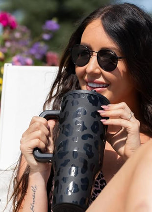 HydroJug Traveler - 32 oz Water Bottle with Handle & Flip Straw - Fits in Cup Holder, Leak Resistant Tumbler-Reusable Insulated Stainless Steel & Rubber Base - Gifts for Women & Men, Black Leopard