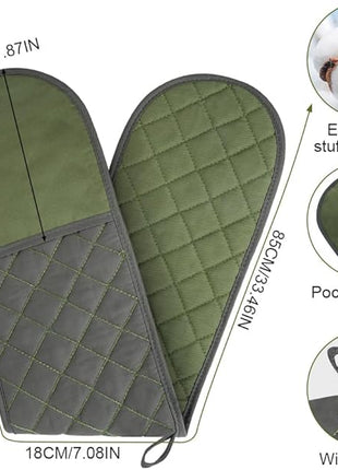 AUAUY Black Double Oven Mitts, 250°C/482°F Heat Resistant BBQ Mittens with Ropes, Silicone Non-Slip Design Kitchen Mittens, Cooking Glove Kitchen Accessories for Cooking Baking Grilling