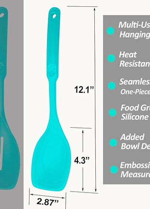 Large Silicone Cooking Spoon, Non-Stick Solid Spoon with Deep Blow and Measurement Mark for Mixing, Serving, Draining, Scooping, Scraping, Heat Resistant Kitchen Utensils, Teal