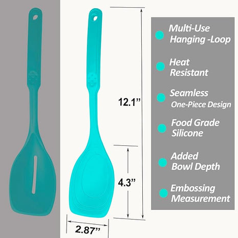 Large Silicone Cooking Spoon, Non-Stick Solid Spoon with Deep Blow and Measurement Mark for Mixing, Serving, Draining, Scooping, Scraping, Heat Resistant Kitchen Utensils, Teal
