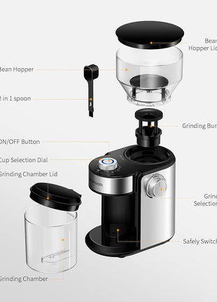 SHARDOR Burr Coffee Bean Grinder Electric, Adjustable Burr Mill with 16 Precise Grind Setting for 2-14 Cup, Silver