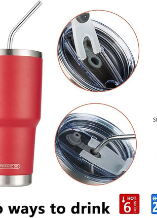D·S 30oz Red Tumbler Stainless Steel Double Wall Vacuum Insulated Mug with Straw and Lid, Cleaning Brush for Cold and Hot Beverages (30oz Red)