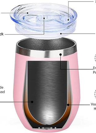 MEZMUT 12 Oz Insulated Wine Tumbler with Lid Double Wall Vacuum Stainless Steel Wine Glass Coffee Mug Insulated Tumbler Cup for Champaign, Cocktail, Beer (Pink, 4 Pack)