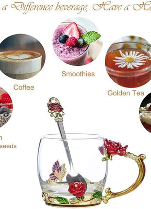 Handicraft Crystal Glass 3D Flower Cups Tea Mug With Tea Spoon Women Coffee, Tea, Juice, Beer, Milk Hot And Cold Drinks Use Gift Package. (Rose Red Coffee Cup, 11 OZ)