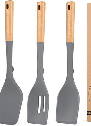 Pack of 4 Silicone Kitchen Utensils Set, Non Stick Solid Spatulas and Heat Resistant Slotted Spoons with Wooden Handle, Ideal BPA Free Cooking Utensils for Mixing,Serving,Turning,Stirring(GRAY)