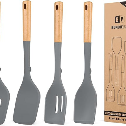 Pack of 4 Silicone Kitchen Utensils Set, Non Stick Solid Spatulas and Heat Resistant Slotted Spoons with Wooden Handle, Ideal BPA Free Cooking Utensils for Mixing,Serving,Turning,Stirring(GRAY)