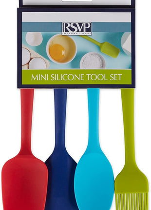 RSVP International Ela Series Mini Spatula Set for Cooking & Baking Silicone Rubber Scraper, Great Tool for Kids, Spoon, Spatula & Brush, 4 Piece Set, Assorted Colors, 4 Count