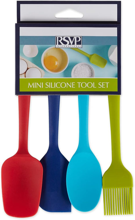 RSVP International Ela Series Mini Spatula Set for Cooking & Baking Silicone Rubber Scraper, Great Tool for Kids, Spoon, Spatula & Brush, 4 Piece Set, Assorted Colors, 4 Count