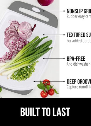 GORILLA GRIP BPA-Free Reversible Kitchen Cutting Board Set of 3, Nonporous, Juice Grooves to Catch Liquid, Slip Resistant Handle Border, Dishwasher Safe, Durable Large Food Chopping Boards, Gray
