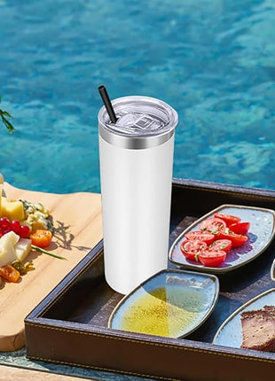 VEGOND Stainless Steel Skinny Tumbler, 20 oz Vacuum Insulated Tumbler with Lid and Straw, Double Wall Coffee Cup, Travel Mug for Cold Hot Drinks, White 1 Pack