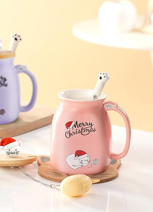 BigNoseDeer Christmas Mugs Kawaii Ceramic Cat Mug Tea Cup Cute Mugs Coffee Mug with Lid Spoon Tea Mug Christmas Gifts for Women 13oz