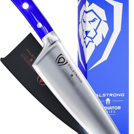 DALSTRONG Chef Knife - 8 inch Blade - Gladiator Series - Forged High Carbon German Steel - Razor Sharp Kitchen Knife - Professional Full Tang Knives - Blue Handle ABS - Sheath - NSF Certified