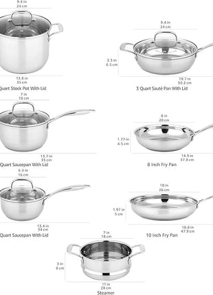 Amazon Basics Stainless Steel Cookware 11-Piece Set, Oven Safe, Pots and Pans, Induction-Ready, Even Heating, Easy to Clean, Heavy Duty, Silver