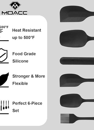 Silicone Spatulas Set of 6, Rubber Spoon Spatula Heat Resistant Spoonula One Piece Design Seamless Spatula Non-Stick Scrapers Baking Mixing Tool (Black)