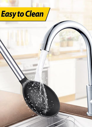 Pack of 2 Large Silicone Cooking Spoons,Non Stick Solid Basting Spoon,Heat-Resistant Kitchen Utensils for Mixing,Serving,Draining,Stirring (BLACK)