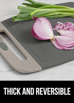 GORILLA GRIP BPA-Free Reversible Kitchen Cutting Board Set of 3, US Designed, Nonporous, Juice Grooves Catch Liquid, Slip Resistant Border, Dishwasher Safe, Durable Food Chopping Boards, Almond Gray