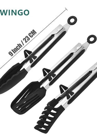 Kitchen Tongs, 9 Inch Tongs for Cooking with Silicone Tips, Food Grade Small Silicone Tong, Mini Serving Tongs for Nonstick Pans, BBQ, Salad, Set of 3, Black