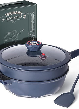 TIBORANG 8 in 1 Multipurpose 11 Inch 5 Quart Heat Indicator Nonstick Deep Frying Pan with Glass Lid, Stay-cool Handle, Steamed Grid, PFOA-Free,Dishwasher&Oven Safe,Works with All Stovetops(Navy Blue)