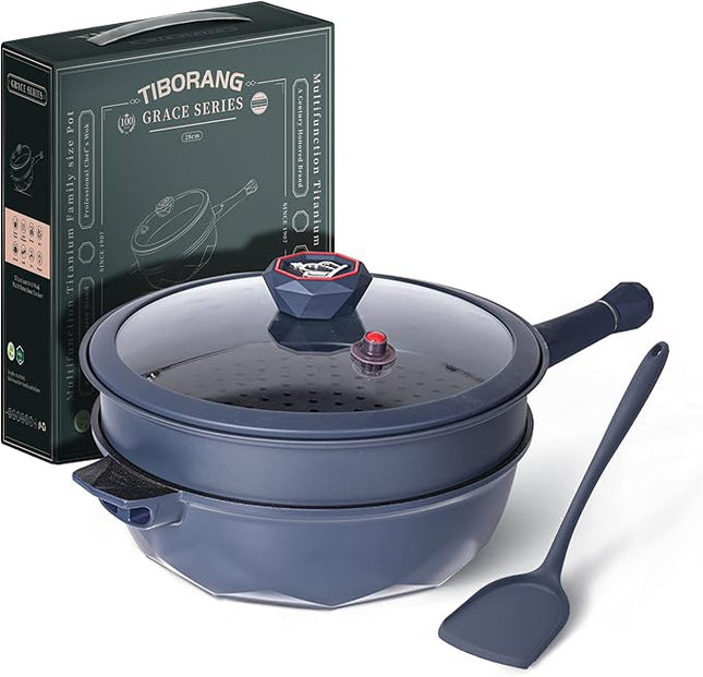 TIBORANG 8 in 1 Multipurpose 11 Inch 5 Quart Heat Indicator Nonstick Deep Frying Pan with Glass Lid, Stay-cool Handle, Steamed Grid, PFOA-Free,Dishwasher&Oven Safe,Works with All Stovetops(Navy Blue)